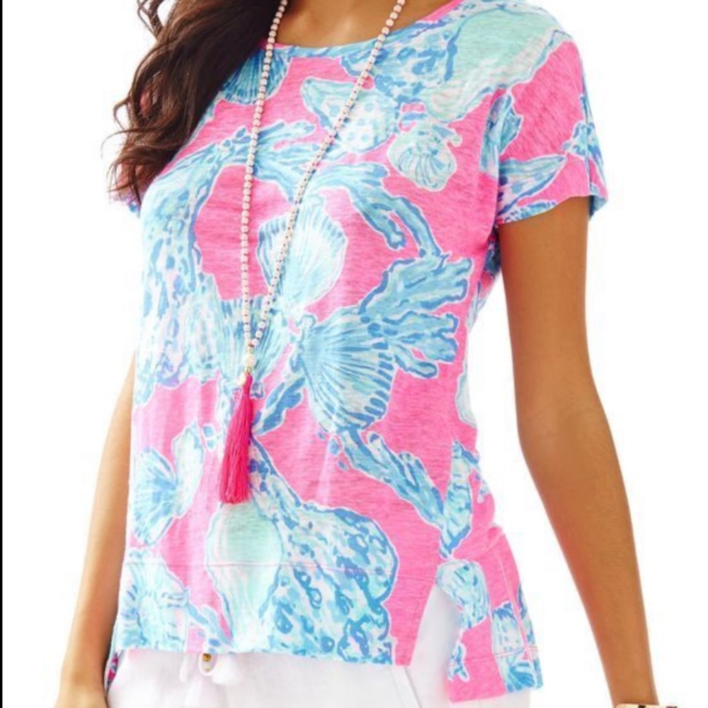 Lilly Pulitzer Mikela Pink Pout Barefoot Princess Blue Shells 100%Linen Shirt XS